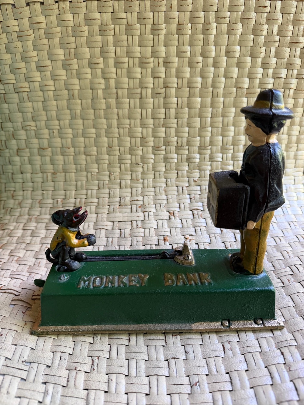 Vintage Monkey Bank Coin Pusher - Green and Yellow Figurine